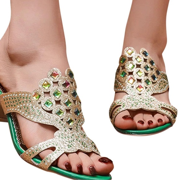 JEWELED HEELS GOLD, GREEN, PINK AND AMBER COLORED GEMS MIRRORED HEELS SIZE 38 - Picture 2 of 12